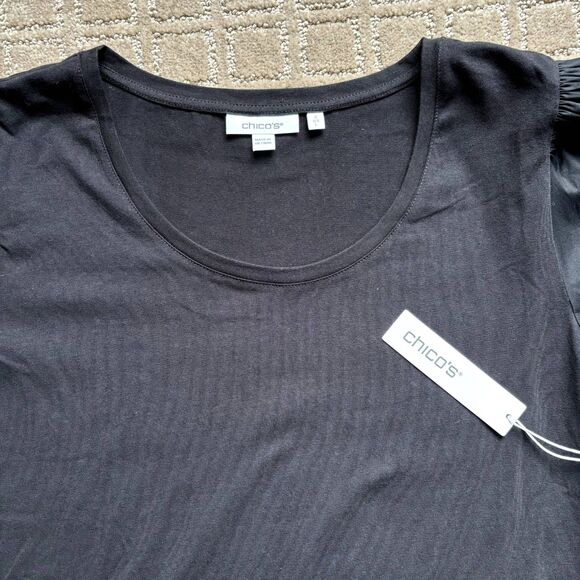 Chicos Peasant Shirt Women's 2 / L Black Gathered Tier 3/4 Sleeve Dark Romantic - Picture 2 of 7